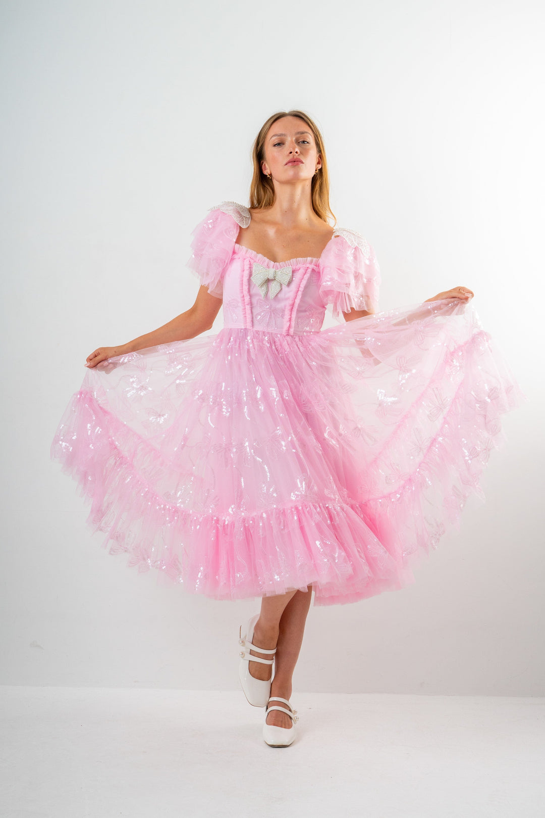 pink sequin ruffle dress AMANDA Fitted Sequin Ruffle Dress Miss Behave Girls Corp