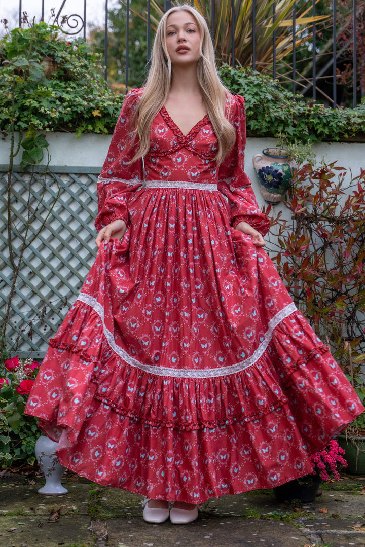Flutter Lace Bloom Maxi Dress - Lipstick Red - Fairy Tong