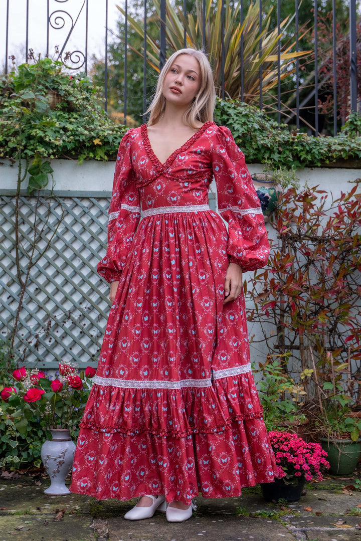 Flutter Lace Bloom Maxi Dress - Lipstick Red - Fairy Tong