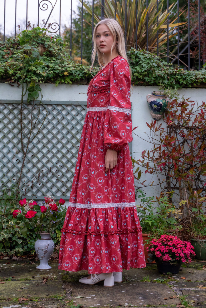 Flutter Lace Bloom Maxi Dress - Lipstick Red - Fairy Tong