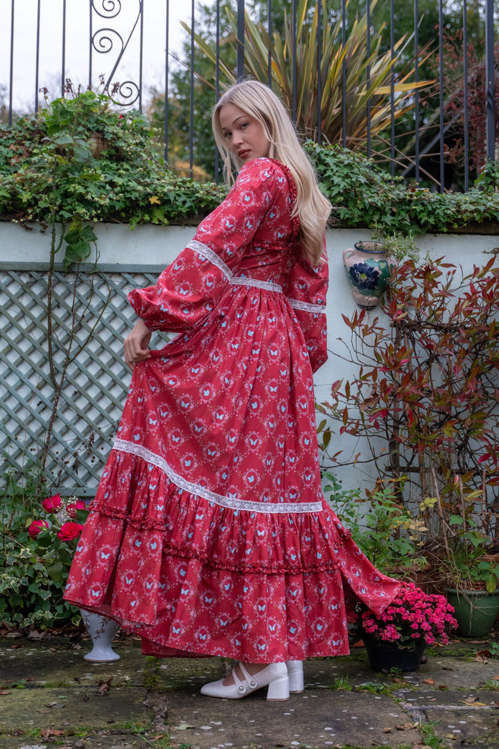 Flutter Lace Bloom Maxi Dress - Lipstick Red - Fairy Tong