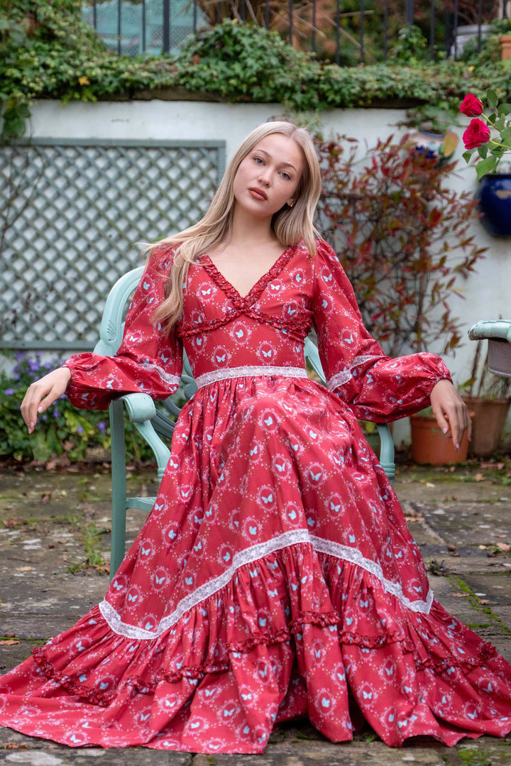 Flutter Lace Bloom Maxi Dress - Lipstick Red - Fairy Tong