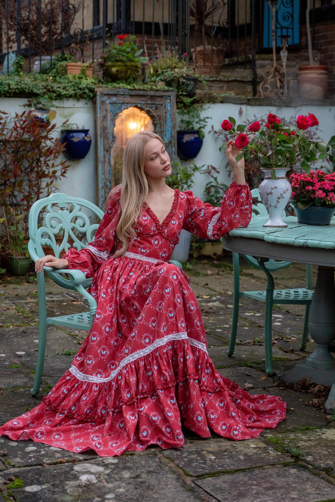 Flutter Lace Bloom Maxi Dress - Lipstick Red - Fairy Tong