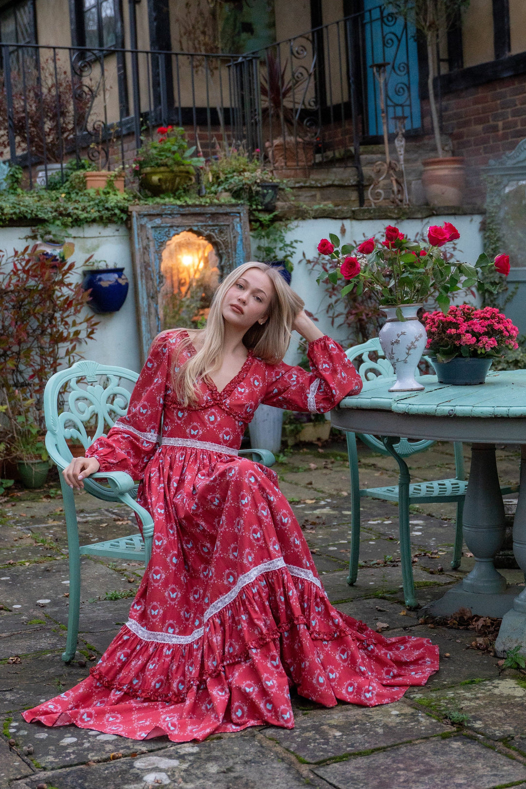 Flutter Lace Bloom Maxi Dress - Lipstick Red - Fairy Tong
