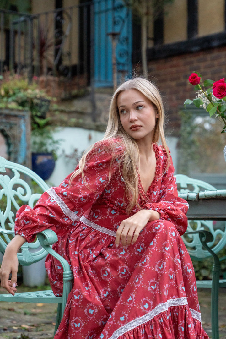 Flutter Lace Bloom Maxi Dress - Lipstick Red - Fairy Tong
