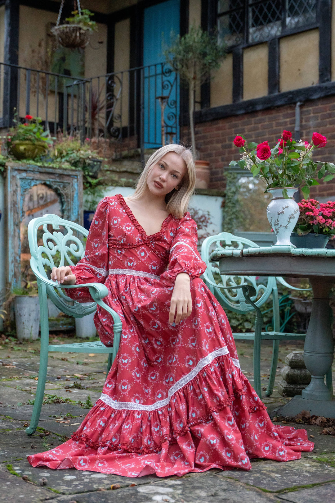 Flutter Lace Bloom Maxi Dress - Lipstick Red - Fairy Tong