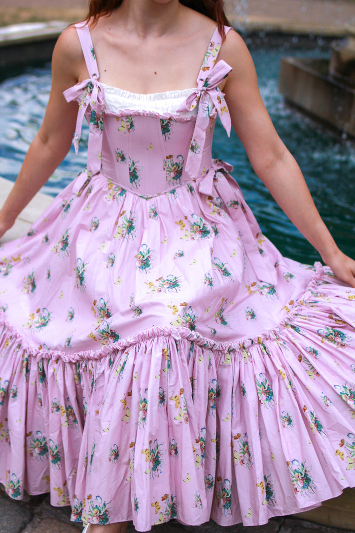 Botanical Heirloom Corset Midi Dress - Pink