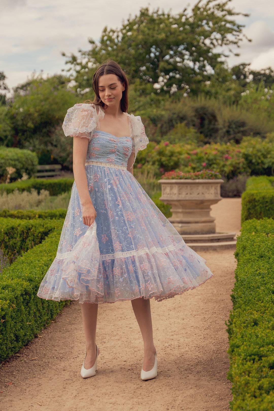 blue lace garden midi dress Lace Trim Tiered Ruffle Midi Dress