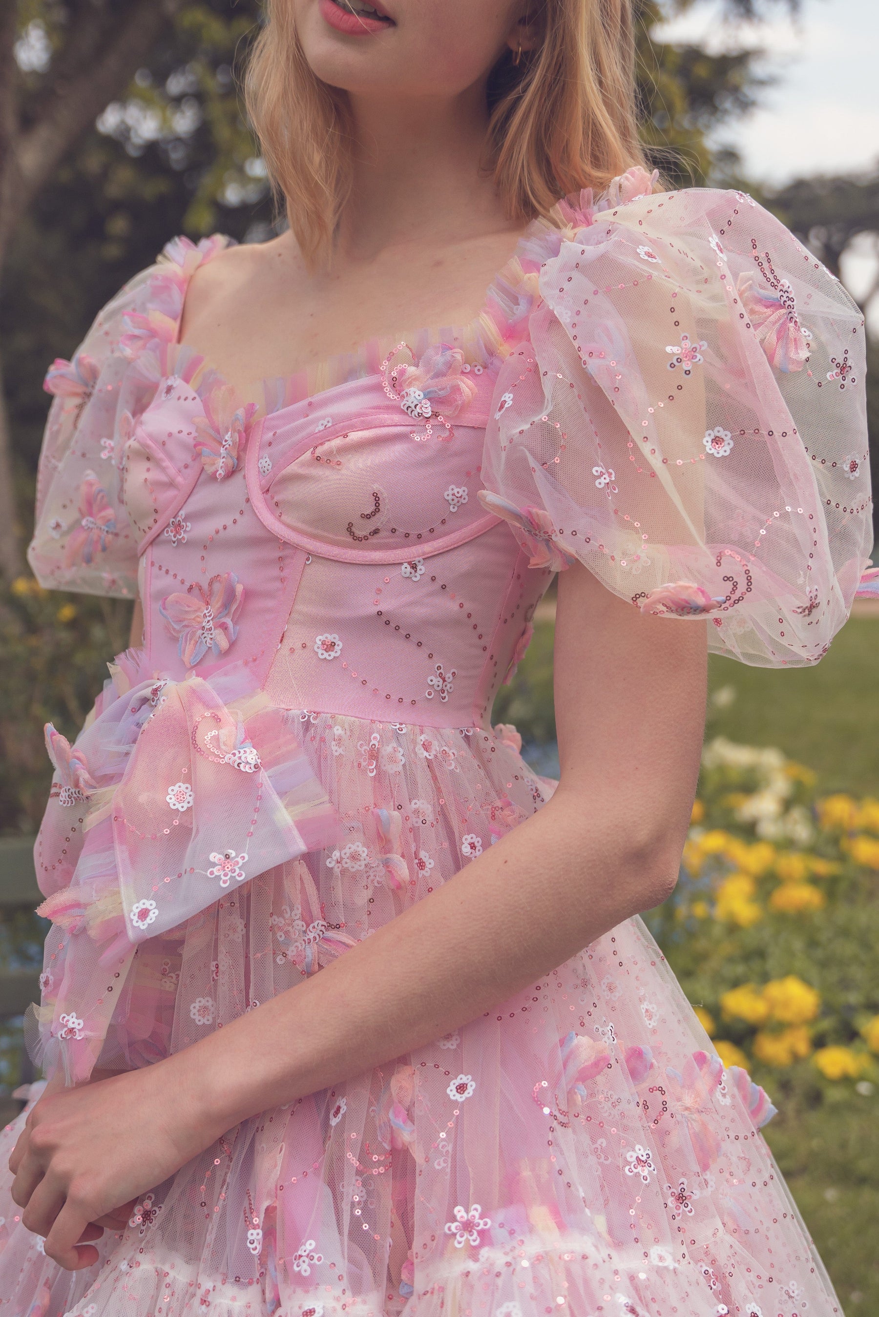 Fall Chiffon Floral Dress Yellow Pink Barbie See through Sling