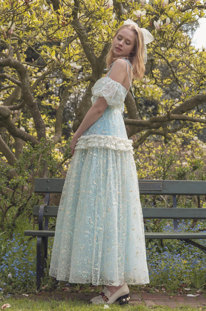 Fairy Tong dress Flower Diamond Sequin Gown - Powder Blue