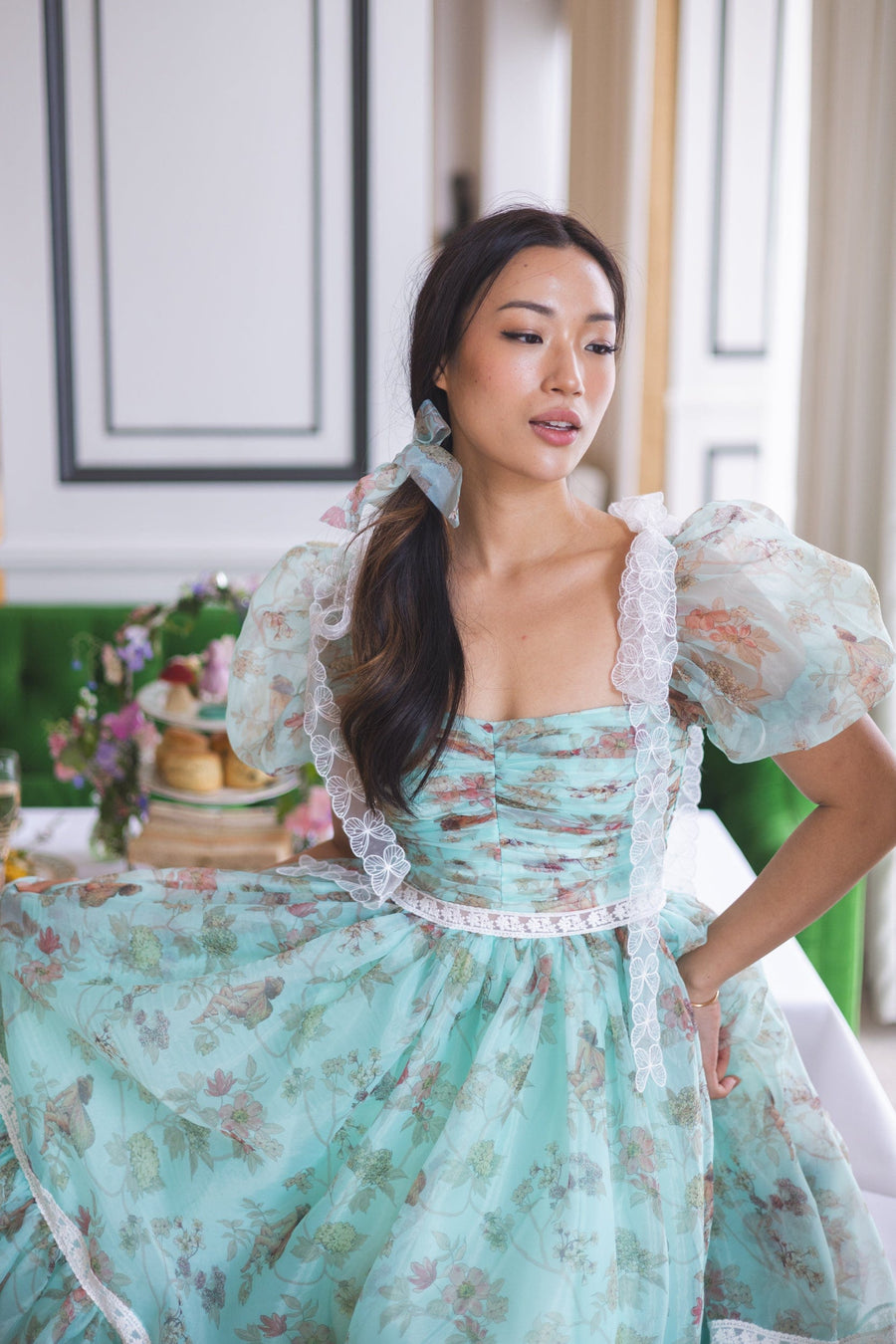 Glora Mint Green Strapless Tiered Lace Maxi Gown - Fairytale Evening Dress main image 1