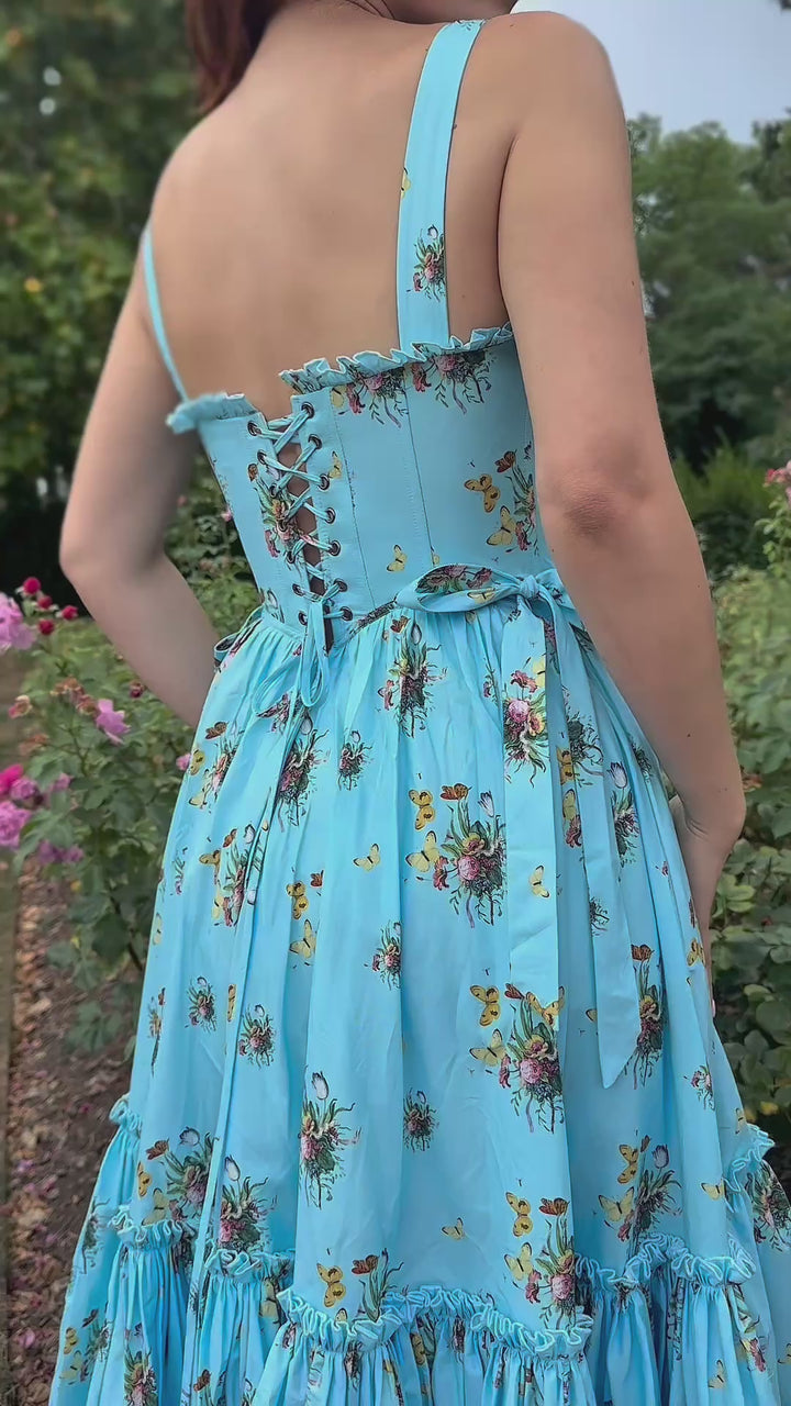 Botanical Heirloom Corset Midi Dress - Blue